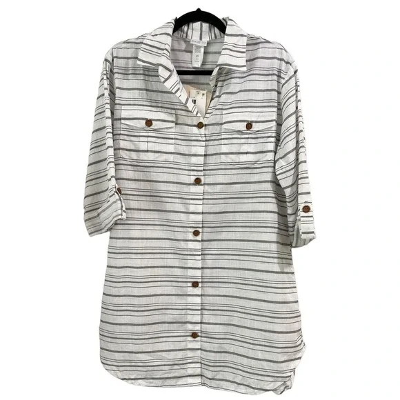 NWT Dotti Baja White Gray Striped Cotton Button Up Dress Swim Cover-up Sz Small - Picture 3 of 9